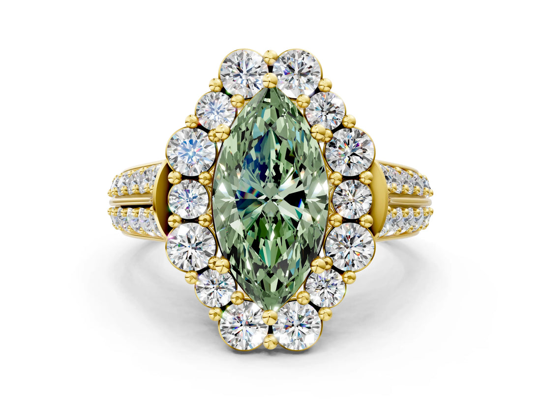 Yellow gold Fancy Green Marquise  Halo Diamond Engagement Ring with Split Shank and Prong Setting_64
