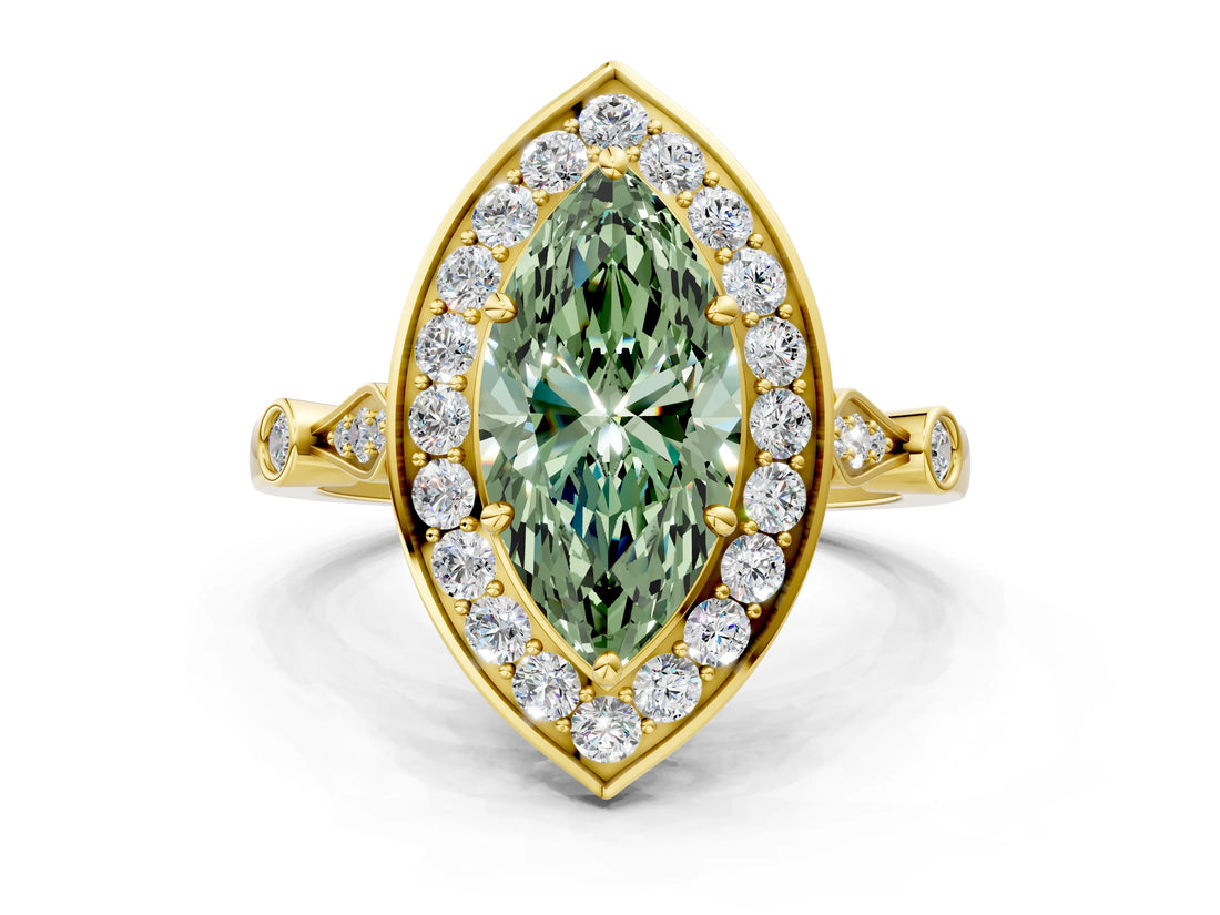 Yellow gold Fancy Green Marquise  Halo Diamond Engagement Ring with Twisted Band and Four-Prong Setting 1