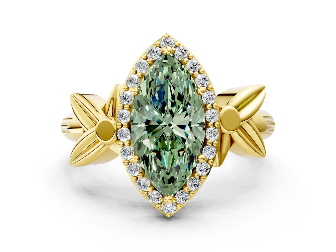 Yellow gold Fancy Green Marquise  Halo Diamond Floral Band with Four-Prong Setting_55