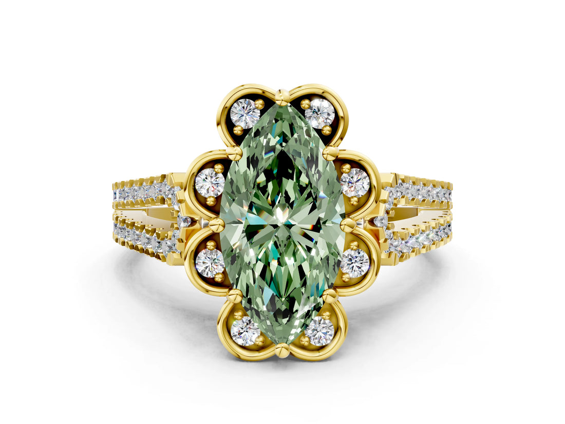 Yellow gold Fancy Green Marquise  Halo Diamond Floral Split Shank Engagement Ring 1