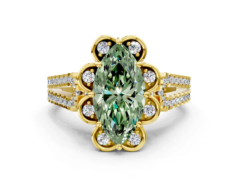 Yellow gold Fancy Green Marquise  Halo Diamond Floral Split Shank Engagement Ring