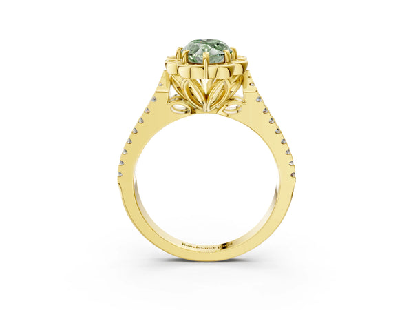 Yellow gold Fancy Green Marquise  Halo Diamond Floral Split Shank Engagement Ring