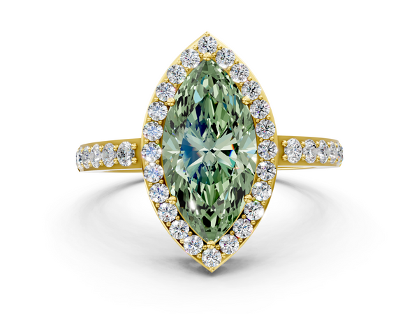 Yellow gold Fancy Green Marquise  Halo Diamond Pavé Band Ring with Prong Setting