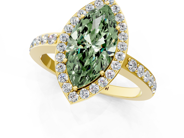 Yellow gold Fancy Green Marquise  Halo Diamond Pavé Band Ring with Prong Setting