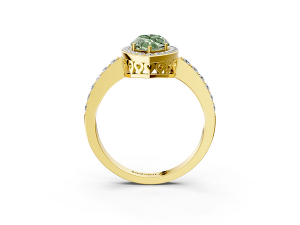 Yellow gold Fancy Green Marquise  Halo Diamond Pavé Band Ring with Prong Setting