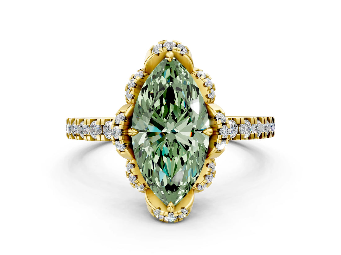 Yellow gold Fancy Green Marquise  Halo Diamond Pave Band Ring with Four-Prong Setting_15