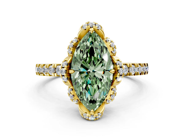 Yellow gold Fancy Green Marquise  Halo Diamond Pave Band Ring with Four-Prong Setting