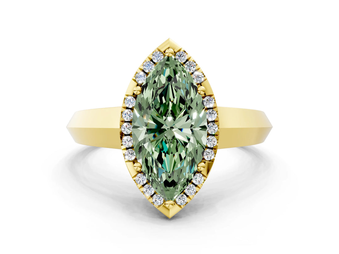 Yellow gold Fancy Green Marquise  Halo Diamond Ring with Cathedral Band and Four-Prong Setting_48