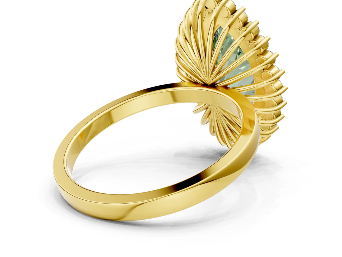 Yellow gold Fancy Green Marquise  Halo Diamond Ring with Milgrain Edge and Round Prong Setting_67
