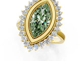 Yellow gold Fancy Green Marquise  Halo Diamond Ring with Milgrain Edge and Round Prong Setting_68