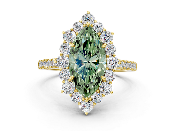 Yellow gold Fancy Green Marquise  Halo Diamond Ring with Pavé Band and Prong Setting