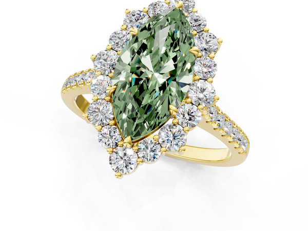 Yellow gold Fancy Green Marquise  Halo Diamond Ring with Pavé Band and Prong Setting