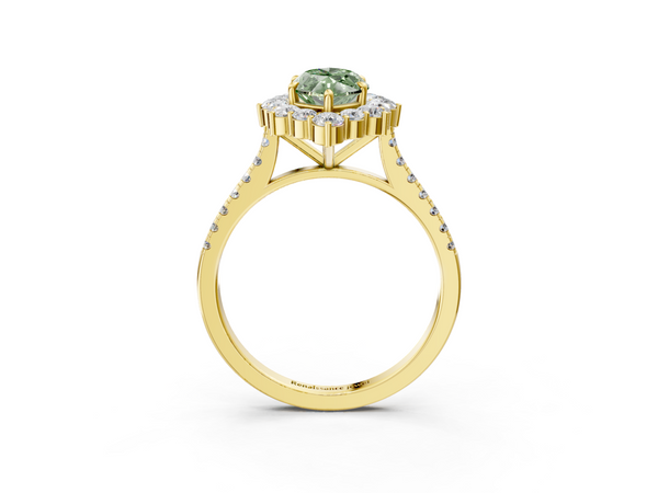 Yellow gold Fancy Green Marquise  Halo Diamond Ring with Pavé Band and Prong Setting