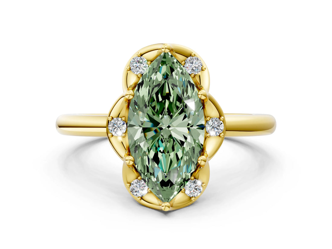 Yellow gold Fancy Green Marquise  Halo Diamond Ring with Round Cluster Setting, Solitaire Band, and Four-Prong Setting_49