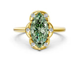 Yellow gold Fancy Green Marquise  Halo Diamond Ring with Round Cluster Setting, Solitaire Band, and Four-Prong Setting_49