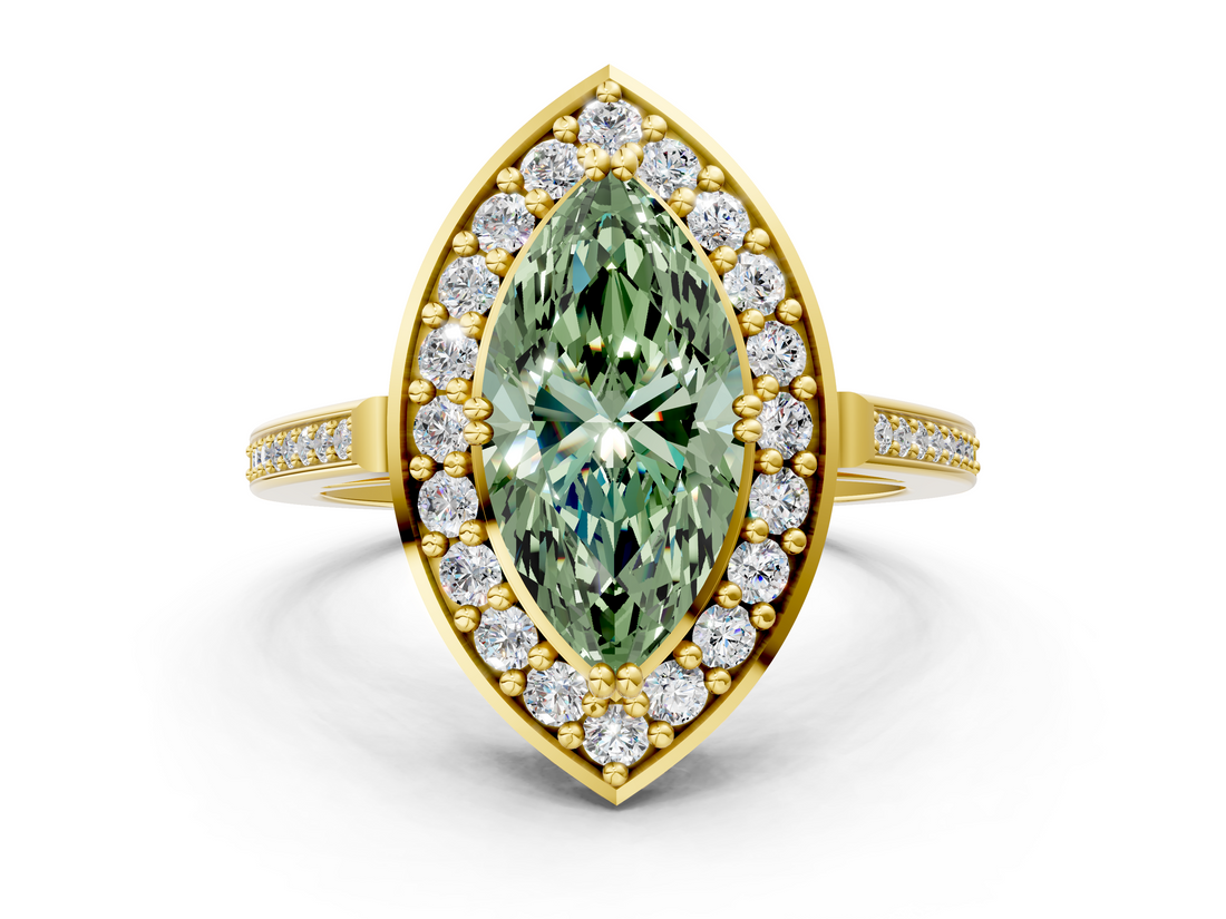 Yellow gold Fancy Green Marquise  Halo Diamond Ring with Split Shank and Four-Prong Setting_22