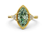 Yellow gold Fancy Green Marquise  Halo Diamond Ring with Tapered Band and Four-Prong Setting_7