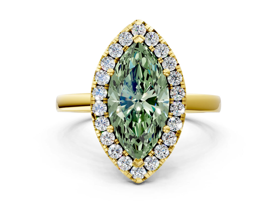 Yellow gold Fancy Green Marquise  Halo Diamond Solitaire with Pavé Band and Four-Prong Setting_72