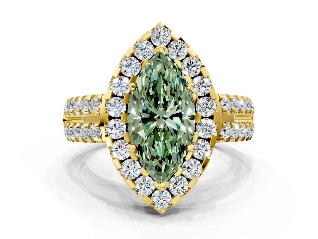 Yellow gold Fancy Green Marquise  Halo Diamond Split Shank Engagement Ring with Prong Setting_57