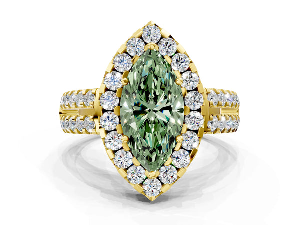 Yellow gold Fancy Green Marquise  Halo Diamond Split Shank Engagement Ring with Prong Setting