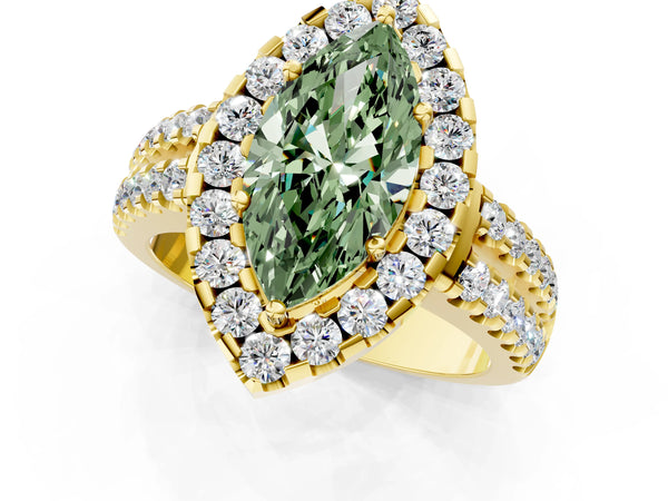 Yellow gold Fancy Green Marquise  Halo Diamond Split Shank Engagement Ring with Prong Setting