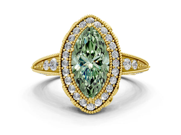 Yellow gold Fancy Green Marquise  Halo Diamond Split Shank Ring with Milgrain Detail