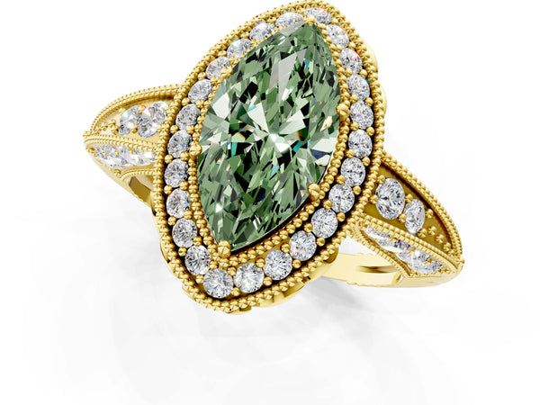 Yellow gold Fancy Green Marquise  Halo Diamond Split Shank Ring with Milgrain Detail