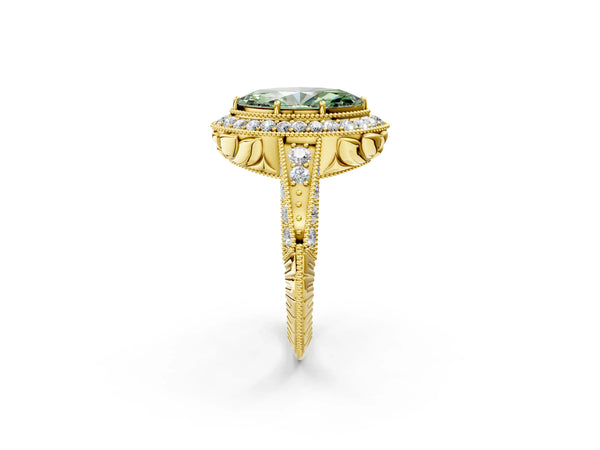 Yellow gold Fancy Green Marquise  Halo Diamond Split Shank Ring with Milgrain Detail