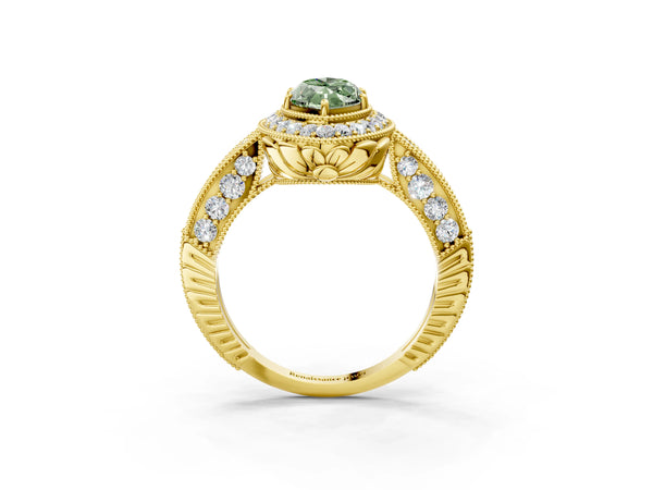 Yellow gold Fancy Green Marquise  Halo Diamond Split Shank Ring with Milgrain Detail