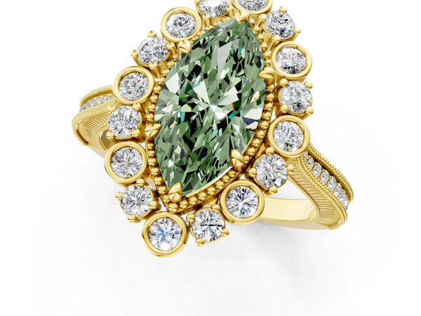 Yellow gold Fancy Green Marquise  Halo Milgrain Pave Diamond Ring with Four-Prong Setting