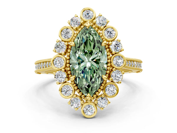 Yellow gold Fancy Green Marquise  Halo Milgrain Pave Diamond Ring with Four-Prong Setting