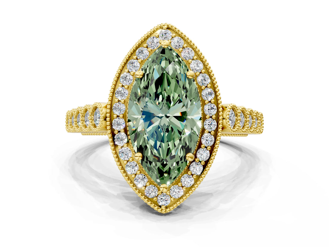 Yellow gold Fancy Green Marquise  Halo Milgrain Solitaire with Bezel Set Side Stones and Pave Band_37