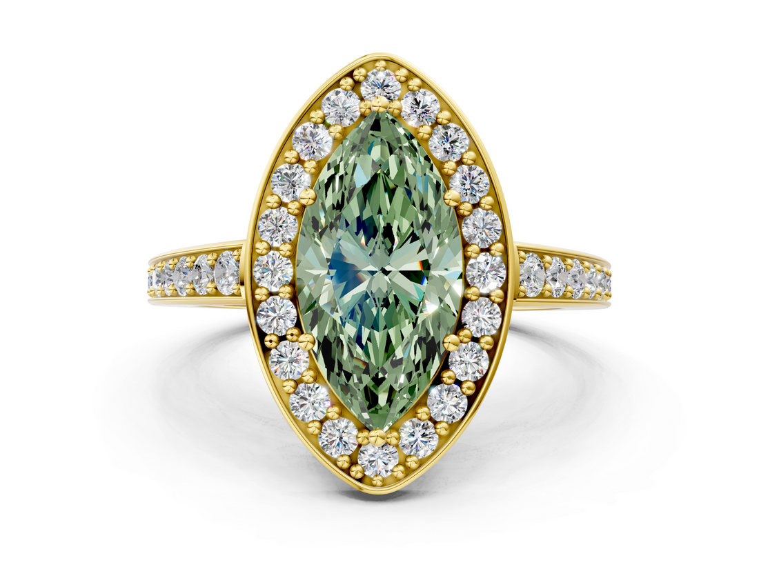 Yellow gold Fancy Green Marquise  Halo Pavé Diamond Engagement Ring with Bezel Setting_36
