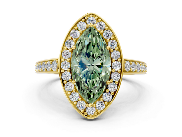 Yellow gold Fancy Green Marquise  Halo Pavé Diamond Engagement Ring with Bezel Setting