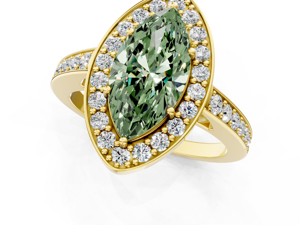 Yellow gold Fancy Green Marquise  Halo Pavé Diamond Engagement Ring with Bezel Setting