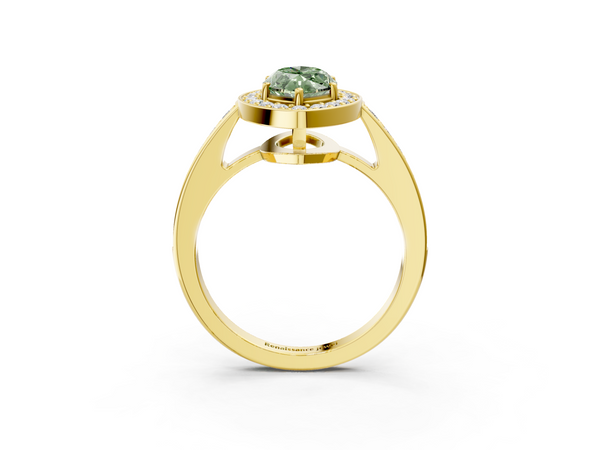 Yellow gold Fancy Green Marquise  Halo Pavé Diamond Engagement Ring with Bezel Setting