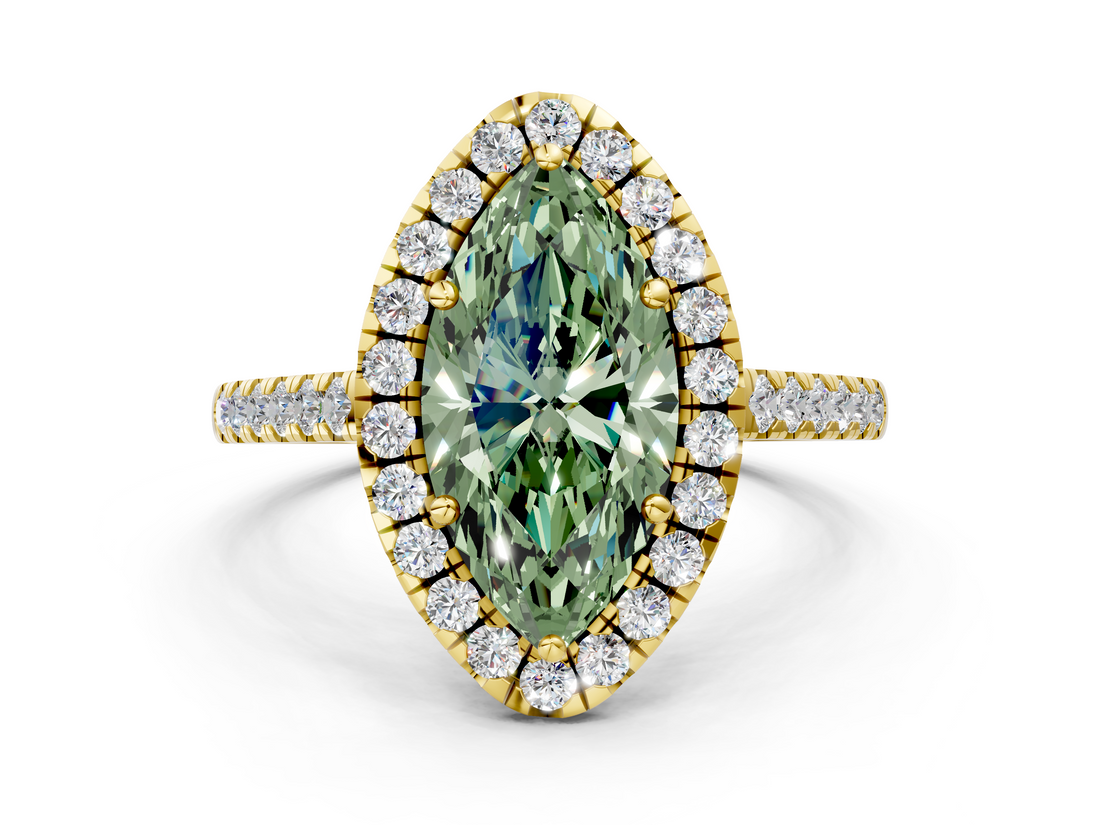 Yellow gold Fancy Green Marquise  Halo Pavé Diamond Engagement Ring with Four-Prong Setting_3