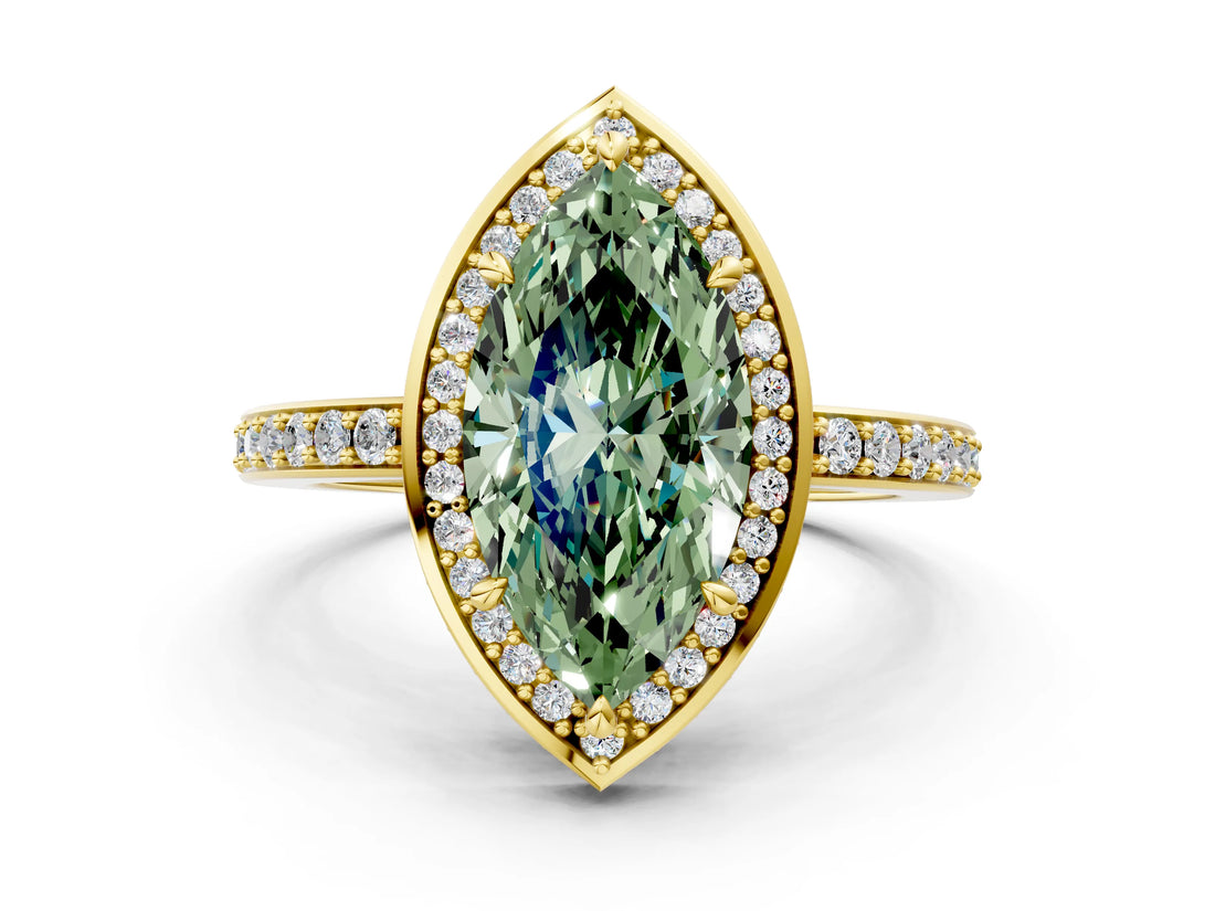 Yellow gold Fancy Green Marquise  Halo Pave Band Solitaire Ring with Prong Setting_66