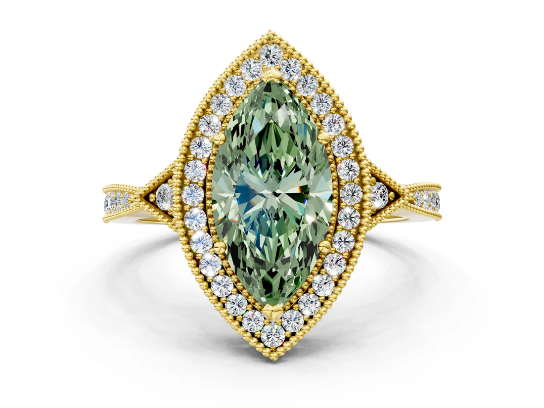 Yellow gold Fancy Green Marquise  Halo Round Diamond Milgrain Pave Engagement Ring_15
