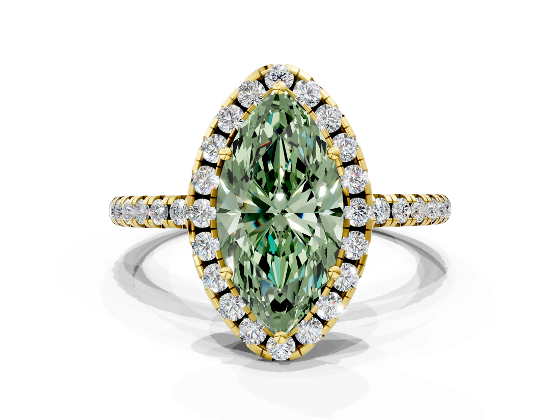 Yellow gold Fancy Green Marquise  Halo Round Diamond Pavé Band Four-Prong Ring_3