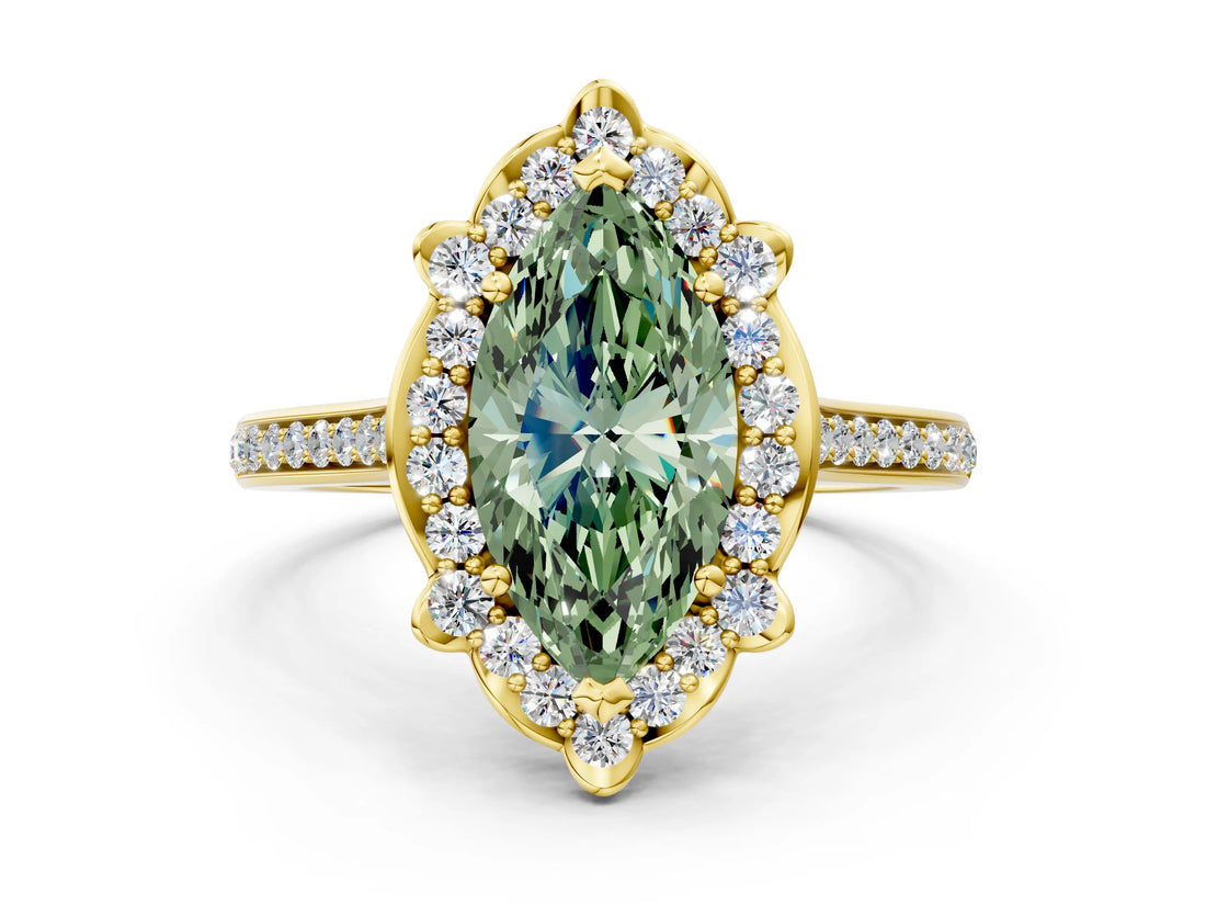 Yellow gold Fancy Green Marquise  Halo Round Diamond Pave Band with Four-Prong Setting_38