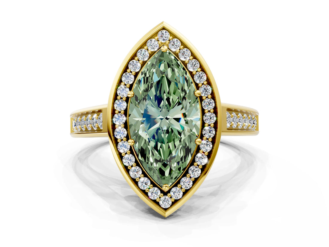 Yellow gold Fancy Green Marquise  Halo Solitaire Diamond Ring with Pave Band and Bezel Setting_83
