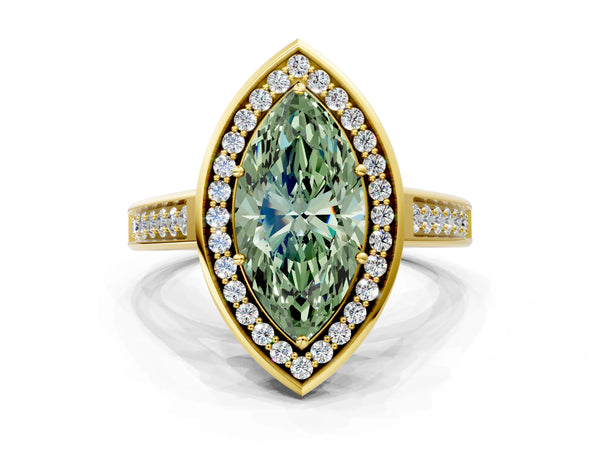 Yellow gold Fancy Green Marquise  Halo Solitaire Diamond Ring with Pave Band and Bezel Setting