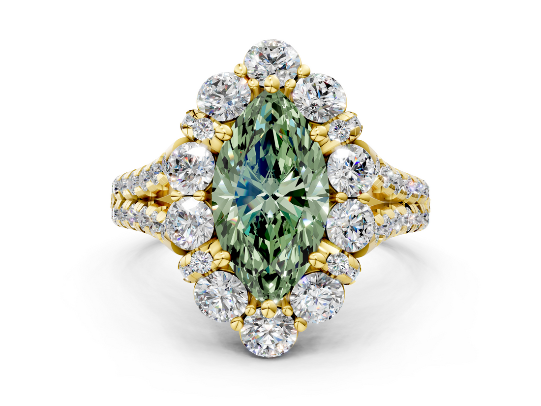 Yellow gold Fancy Green Marquise  Halo Split Shank Diamond Engagement Ring with Pave Band and Four-Prong Setting_54