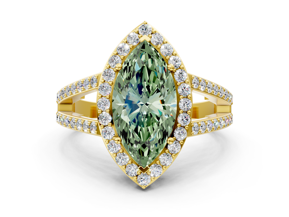 Yellow gold Fancy Green Marquise  Halo Split Shank Diamond Ring with Four-Prong Setting_32
