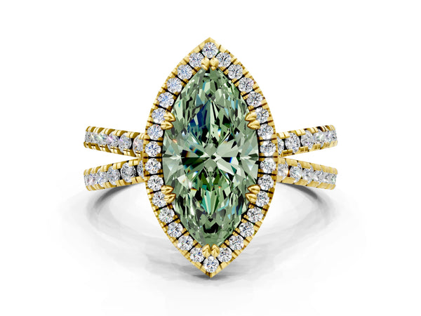 Yellow gold Fancy Green Marquise  Halo Split Shank Diamond Ring with Pavé Setting