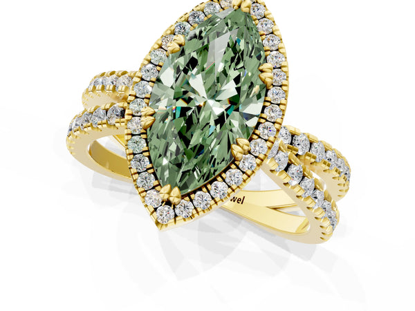 Yellow gold Fancy Green Marquise  Halo Split Shank Diamond Ring with Pavé Setting