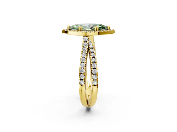 Yellow gold Fancy Green Marquise  Halo Split Shank Diamond Ring with Pavé Setting
