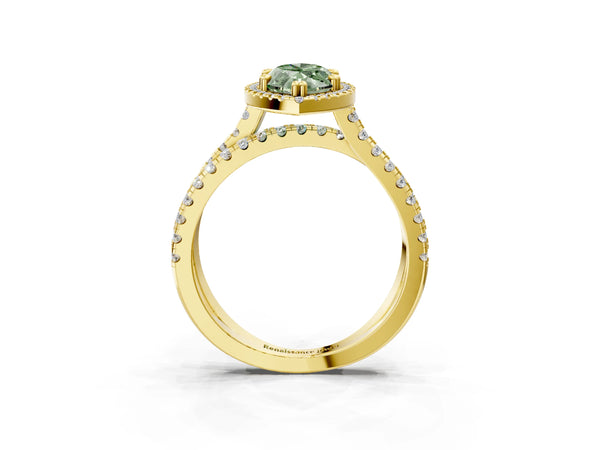 Yellow gold Fancy Green Marquise  Halo Split Shank Diamond Ring with Pavé Setting