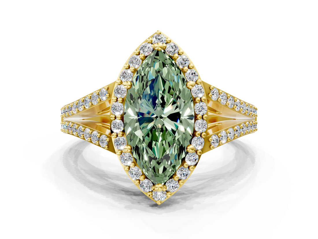 Yellow gold Fancy Green Marquise  Halo Split Shank Diamond Ring with Prong Setting_20